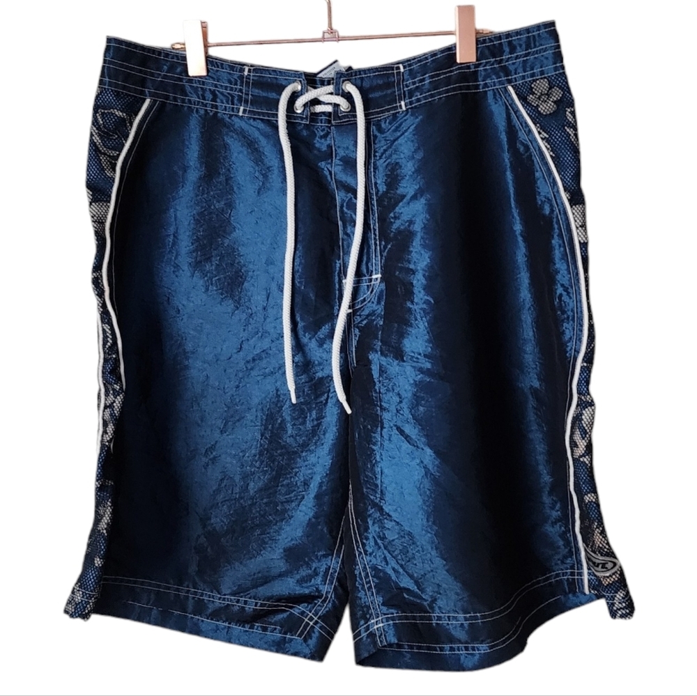 SIDEOUT x VINTAGE 90's shimmer board shorts in blue size‎ 34